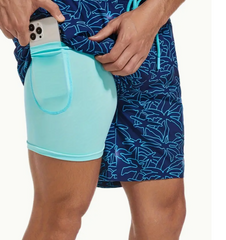 Waterproof Swim Trunks with Compression Liner - Blue, Elastic Waistband, Zipper & Side Pockets, for Swimming, Surfing & Outdoor Activities
