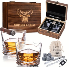 Whiskey Cigar Glasses Gift Set Of 2 Old Fashioned Crystal Square Whiskey Glass, Whiskey Stone, Tongs, Velvet Pouch And Cutter, Great Gifts for Dad, Husband, Gifts for Men