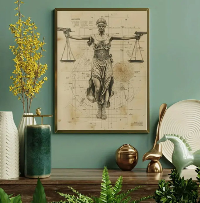 Lady Justice Balance Scales Canvas Wall Art - Greek Goddess Themis Poster with Wooden Frame, Black-and-White Line Drawing for Home, Office, or Cafe Decor -