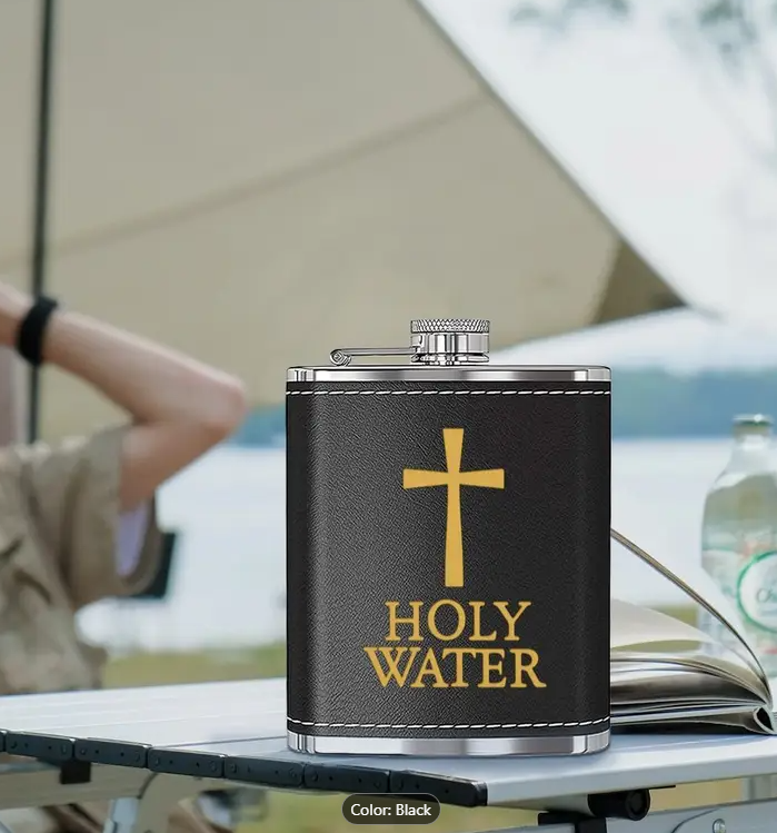 Stainless Steel Hip Flask, Pocket-Sized Whiskey Container, Christian Holy Water Design, Ideal for Spiritual Celebrations, with Unique Gift for Men, for Friends, Colleagues, Brothers