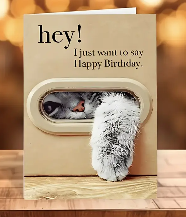 Charming Cartoon Cat Birthday Card - "HEY! I Just Want to Say Happy Birthday" Message, Includes Envelope, Ideal for All Ages