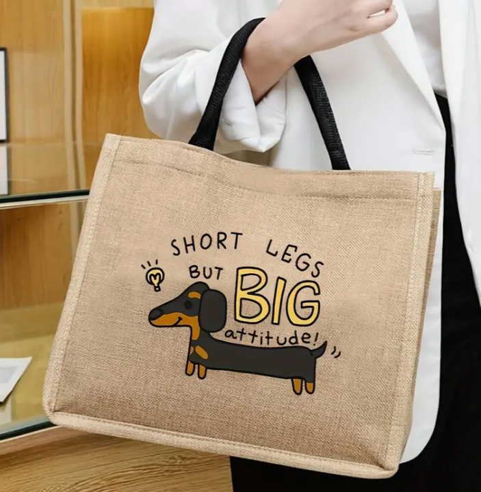 Dachshund Cartoon Print Polyester Tote Bag - Hand-Washable Linen-Style Casual Shopper with No-Closure, Accessory-Free Puppy Letter Burlap Handbag for Womens, Pet Lover Gift