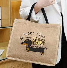 Dachshund Cartoon Print Polyester Tote Bag - Hand-Washable Linen-Style Casual Shopper with No-Closure, Accessory-Free Puppy Letter Burlap Handbag for Womens, Pet Lover Gift