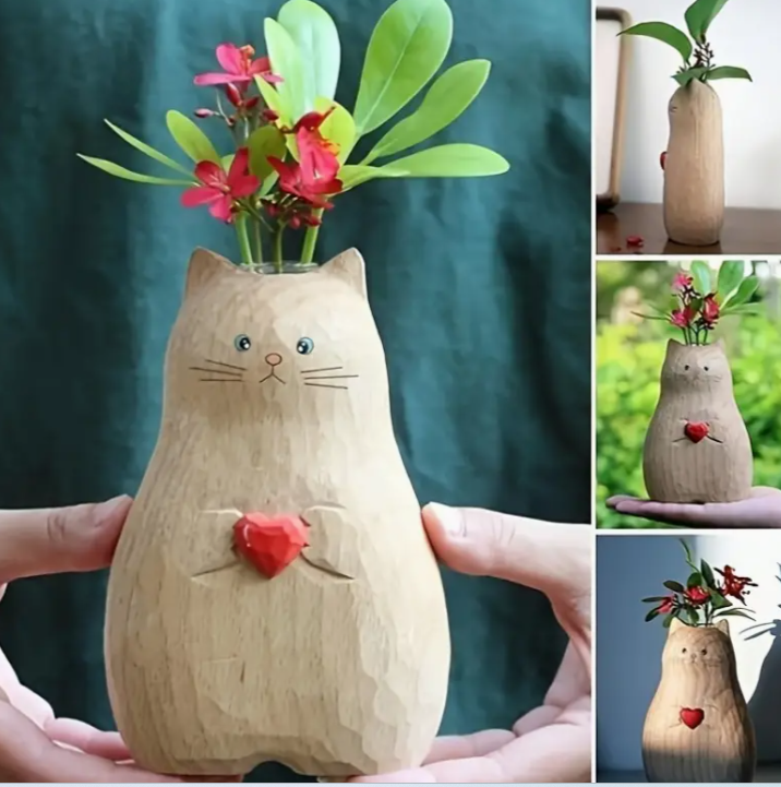 Cat Vase with Red Heart - Animal Themed Tabletop Decor for Thanksgiving, Ideal for Outdoor Use, Perfect for Home