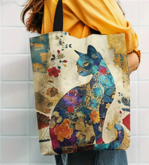 Canvas Tote Bag with Floral Cat Print, Animal Theme, Machine Washable, Unlined, No-Closure Design for School, Grocery Shopping & Daily Use