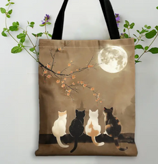pc Cute Kitten Pattern Tote Bag – High-Quality Reusable Shopping Bag with Cherry Blossom & Moon Design, Black Handles, Polyester Material, Perfect for Everyday Use