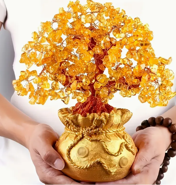 7pcs Citrine Crystal Bonsai Tree Set with 6 Wealth Coin Pendants - Golden Resin, Prosperity and Fortune Symbol, Ideal for Home Decor and Business Gift