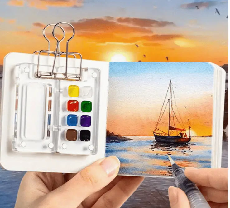 1pc Mini Watercolor Paint Set with 8/15 Grid Drawing Board - Portable Travel Sketching Kit