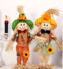 Set of 2 Festive Harvest Scarecrow Dolls - Vibrant Standing Pumpkin Figurines with Autumn Leaves, Non-Electric Collectible Decorations for Indoor and Outdoor Amusement Park, Restaurant, Mall, and Home Fall Festival Decorations