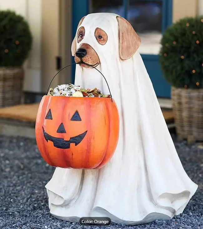Creative Halloween Ghost Dog Cat Statues with Pumpkin Candy Holder Bowl Bucket Resin Ornament Trick or Treat Party Decor