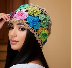 ightweight Stretchy Crochet Beanie - Colorful Boho-Chic Polyester Knit Hat for Women - Vibrant Floral Design, Hollow-Out Breathable Spring/Summer Cap