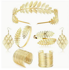 7-Piece Golden Greek Goddess Costume Jewelry Set: Alloy Leaf Headband, Upper Arm Cuff, Pearl Earrings for Halloween, All Seasons, Daily & Vacation Wear - Simple, Luxurious, Unplated Alloy Accessory Kit