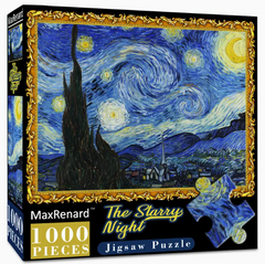 Maxrenard "The Starry Night" 1000pcs Jigsaw Puzzle for Adults - Van Gogh Masterpiece, Waterproof, Intermediate Skill Level, High-Quality Recycled Cardboard, Vibrant Colors, 26.75''x19.25'', Includes Poster