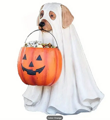 Creative Halloween Ghost Dog Cat Statues with Pumpkin Candy Holder Bowl Bucket Resin Ornament Trick or Treat Party Decor
