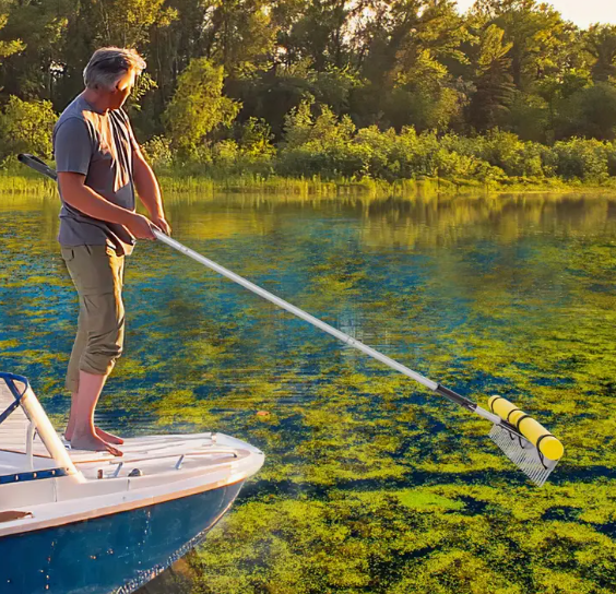 Floating Weed Lake Rake Pond Weed Cutter w/ Foam Floats, Extended Handle & Rope