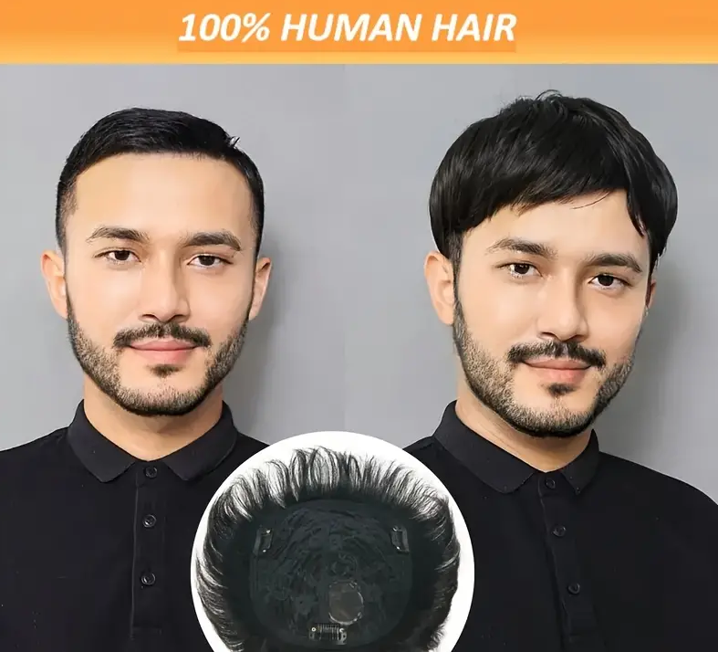 Men's Hair Topper Natural Black Short Men Topper Wig Real Human Hair With Clip For Male Guy Daily Wear Can Be Cut And Restyle