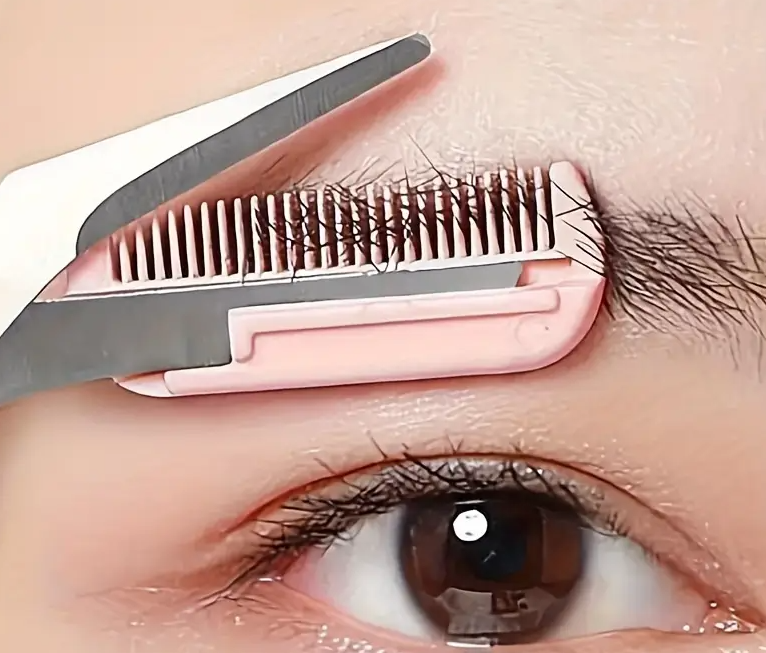 Pink Eyebrow Trimming Scissors With Built-In Comb - Stainless Steel, Precision Grooming Tool For Perfect Brows