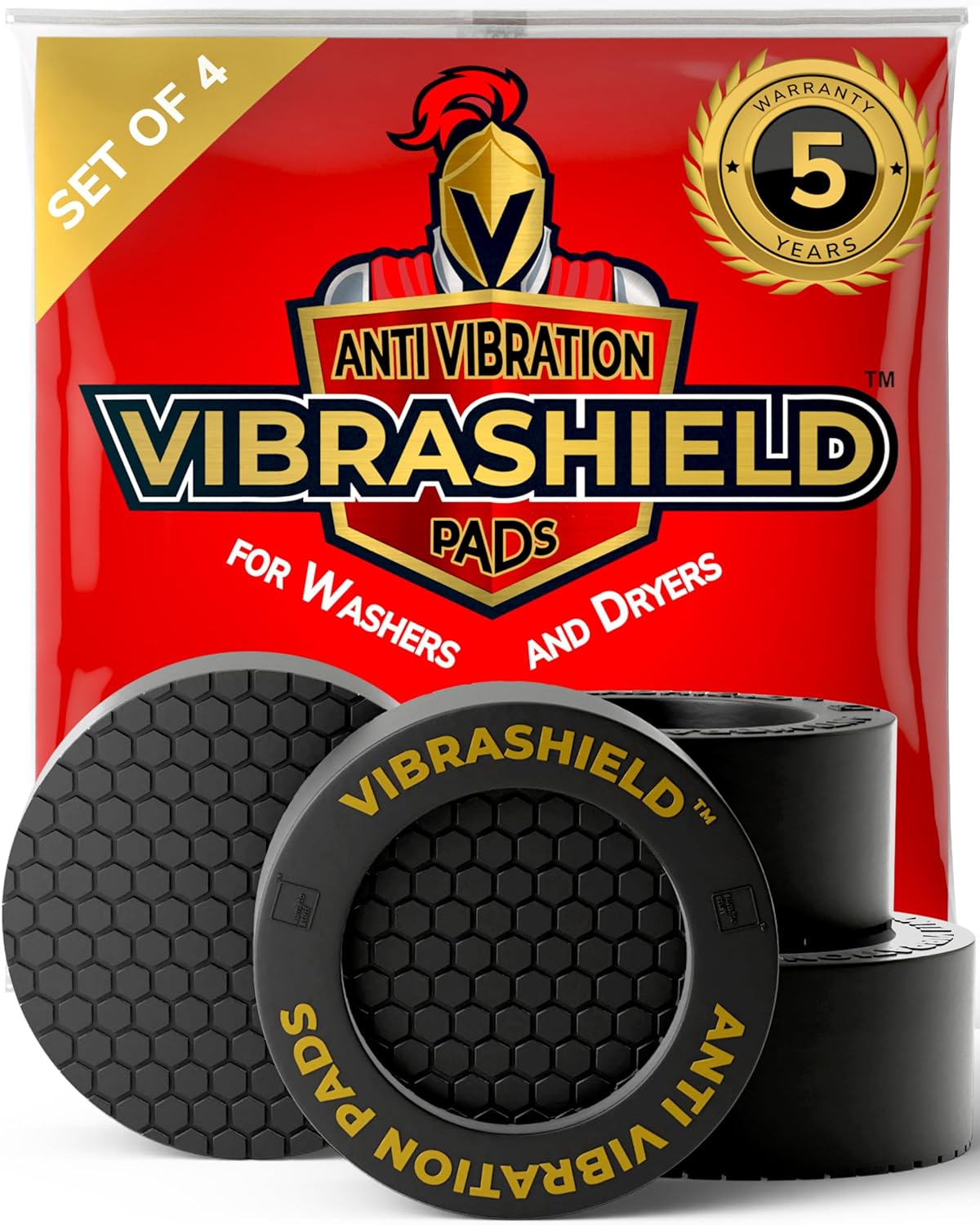 Anti Vibration Pads for Washing Machine with HexaGrip - Stops Washer Dryer Moving, Walking - Prevents Noise, Vibration Transfer - Rubber Antivibration Stabilizer Support Feet Mat - VIBRASHIELD 4 Pack