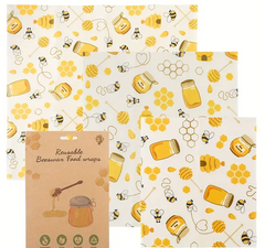 3pcs Beeswax Wrap Set - Reusable, Organic Food Storage &amp; Packaging Cloths with Fruit Designs