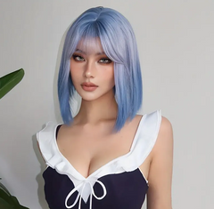 14 Inch Short Bobo Soft Nature Wig - Vibrant Blue Ombre White Color with Bangs, Beginners Friendly, Synthetic Hair