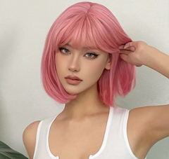 14 Inch Vibrant Pink Straight Bob Wig with Bangs