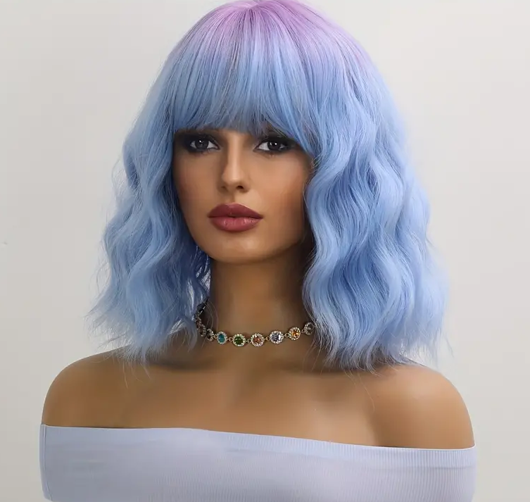 14 inch synthetic purple blue gradient small wave natural bangs wig,