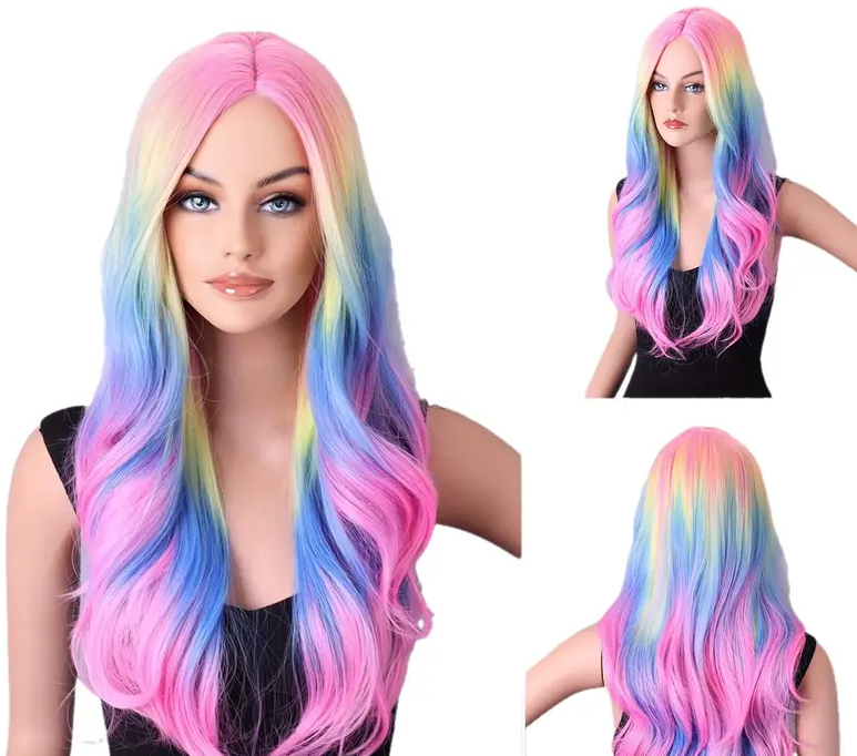 26-Inch Vibrant Multi-Color Rainbow Curly Wavy Ombre Blonde Lace Front Wig