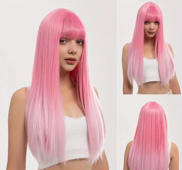 26 Inch Pink Long Straight Hair Wigs With Bangs For Women Soft Synthetic Fiber Hair Replacement Wig