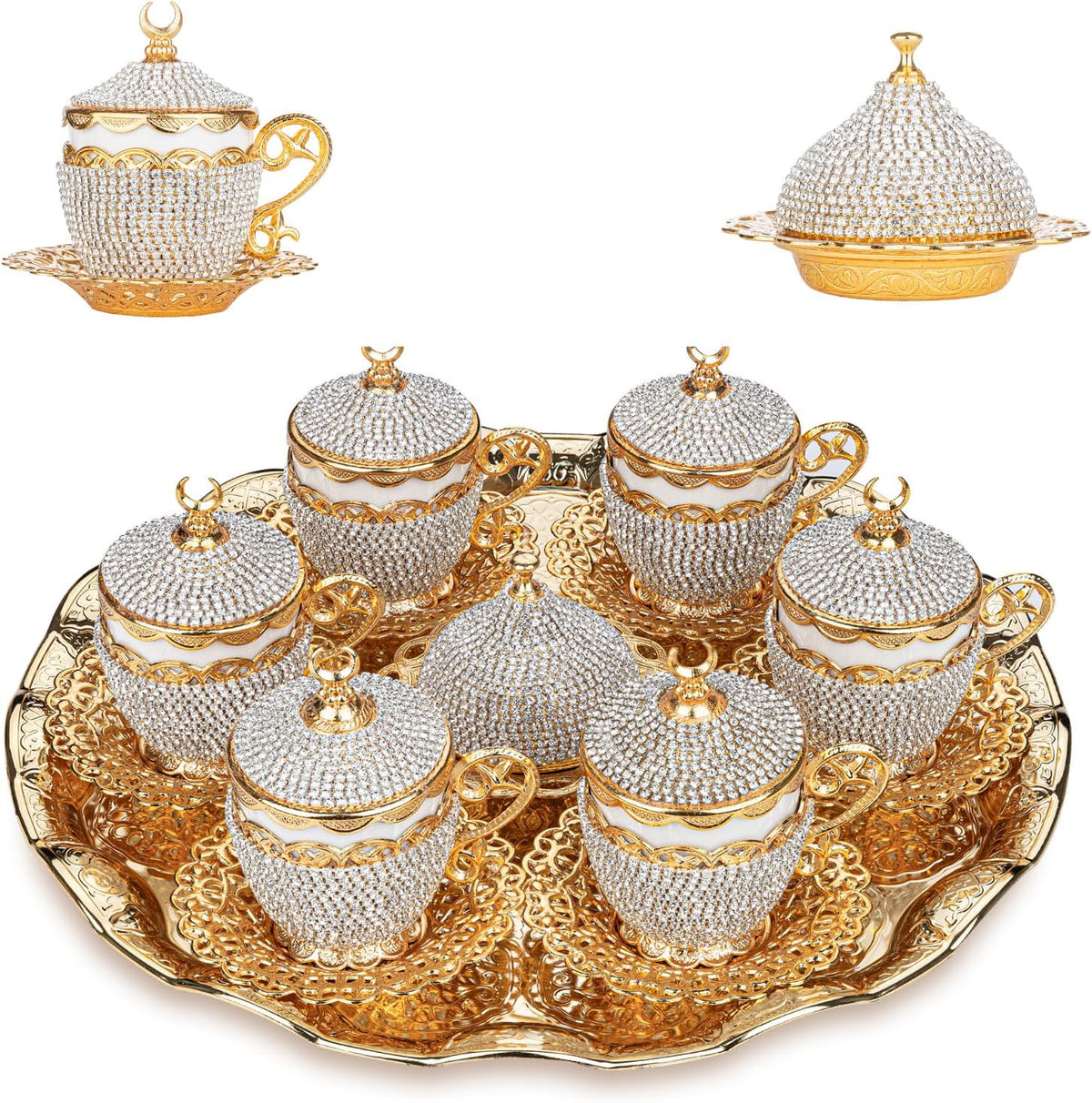 27 Pc Ottoman Turkish Greek Arabic Coffee Espresso Serving Cup Saucer Crystal Set (Gelincik) - Handcrafted Traditional Set with Hilal Motifs (Gold)