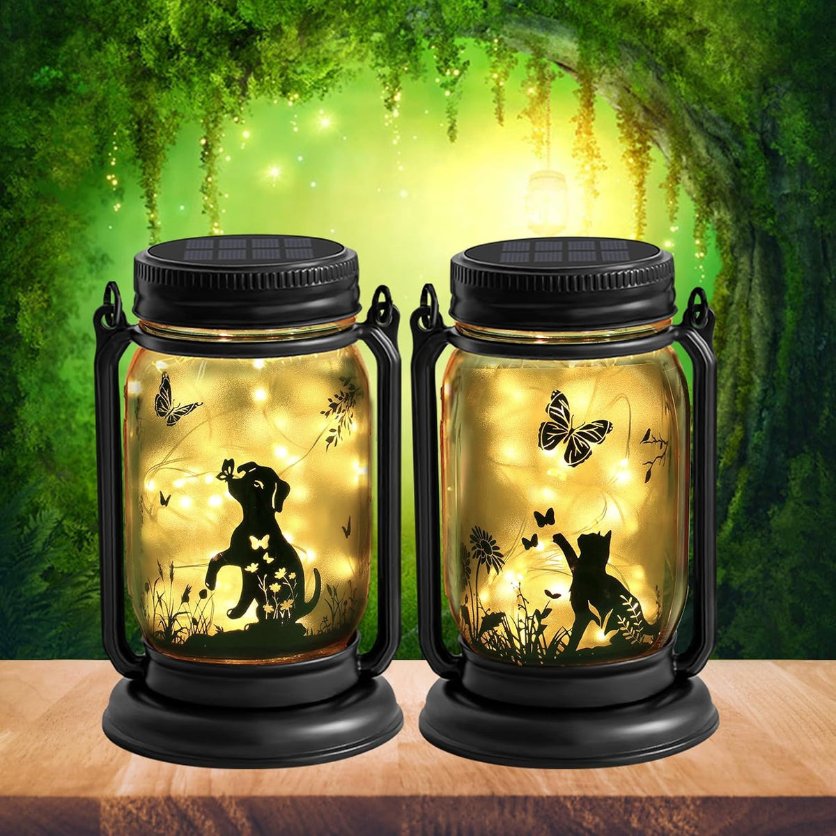 2 Pack Outdoor Hanging Solar Lantern, Cat & Dog Butterfly Theme Vintage Glass Mason Jar Solar Fairy Light