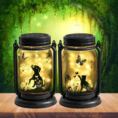 2 Pack Outdoor Hanging Solar Lantern, Cat & Dog Butterfly Theme Vintage Glass Mason Jar Solar Fairy Light