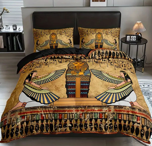 3-Piece Luxurious Ancient Egyptian Art Duvet Cover Set - Soft, Breathable, and Vibrant HD Printing Bedding for Home and Dormitory