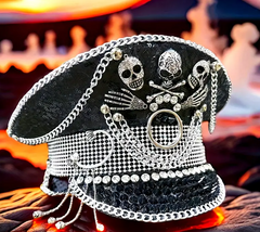 A Unisex Quirky Decorated Black Rhinestone Skull Emblem Studs And Silver Chain Sequin Hat Halloween Navy Hat Captain Hat Day Of The Dead Dress Up Hat Party