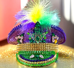 A Unisex Steampunk Style Decorated With Rhinestones And Willow Studs And Yellow Green And Purple Faux Simulated Feathers Mardi Gras Sequin Hat Party