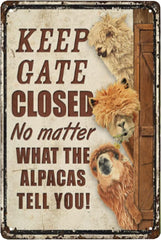 Alpaca Farm Keep Gate Closed Metal Signs Tin Sign Funny Novetly Caution Sign Metal for Farmhouse Fence House Wall Gate 8x12 inch