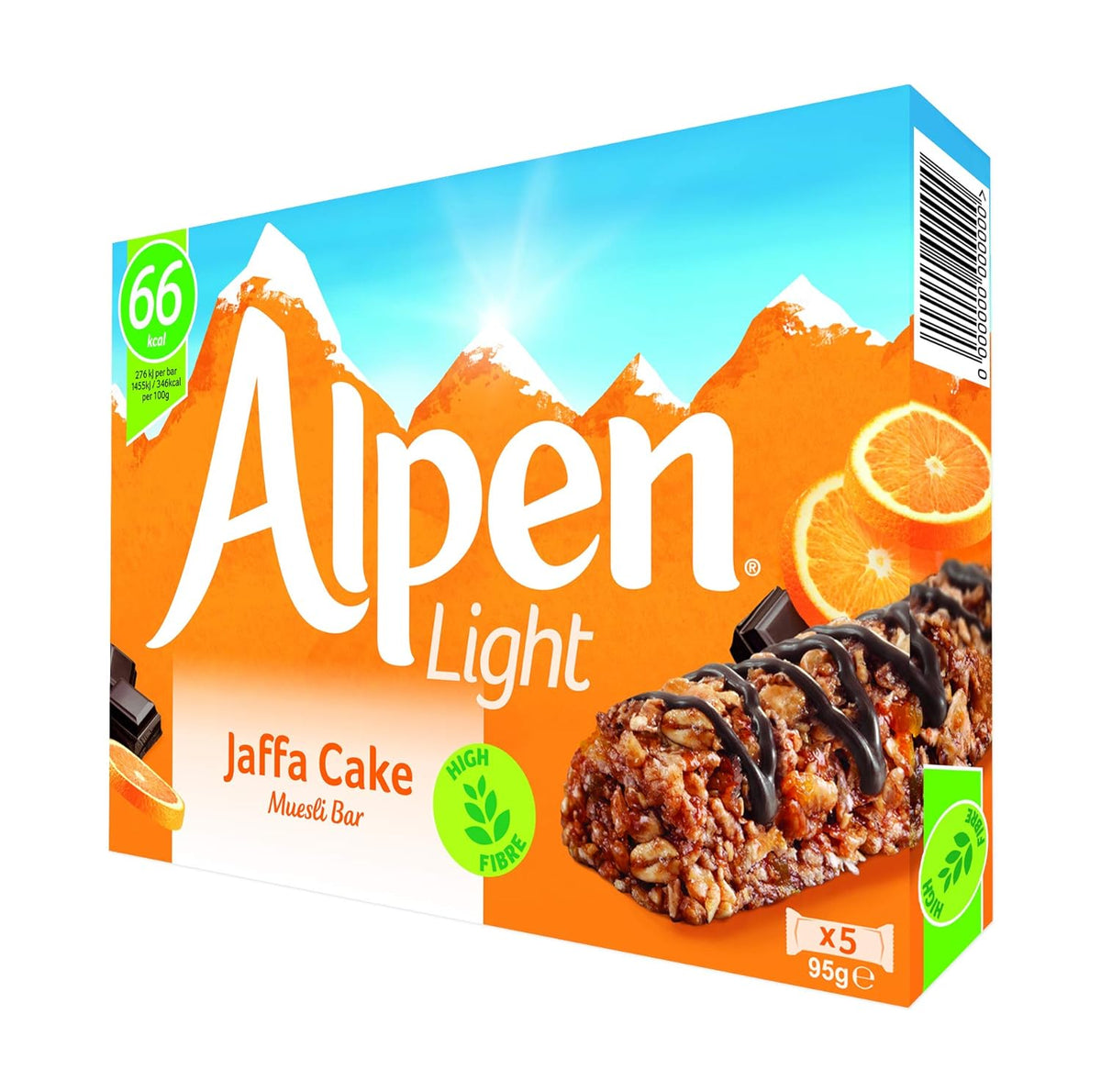 Alpen Light Jaffa Cake Cereal Bars Imported From The UK England Mixed cereal bar with orange flavored fruity pieces and plain chocolate with a plain chocolate drizzle