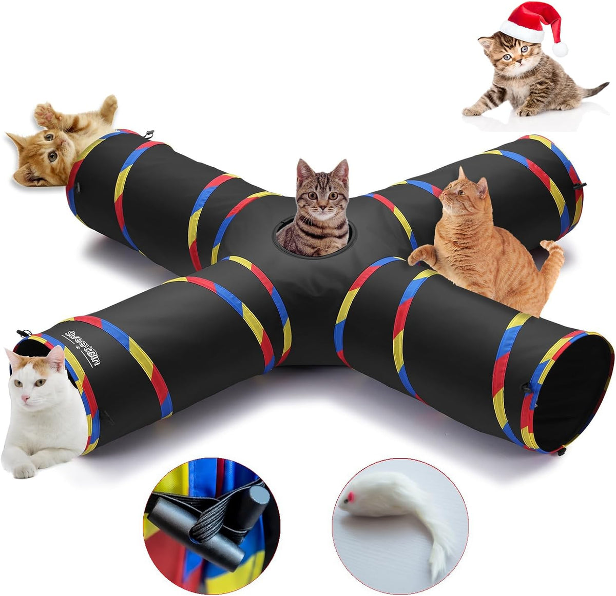 4 Way Cat Tunnels for Indoor Cats, Collapsible Tube 10 Inch Diameter & 47 Inch Longer Cat Tunnel Toy, Bell Ball for Pet Play Puppy