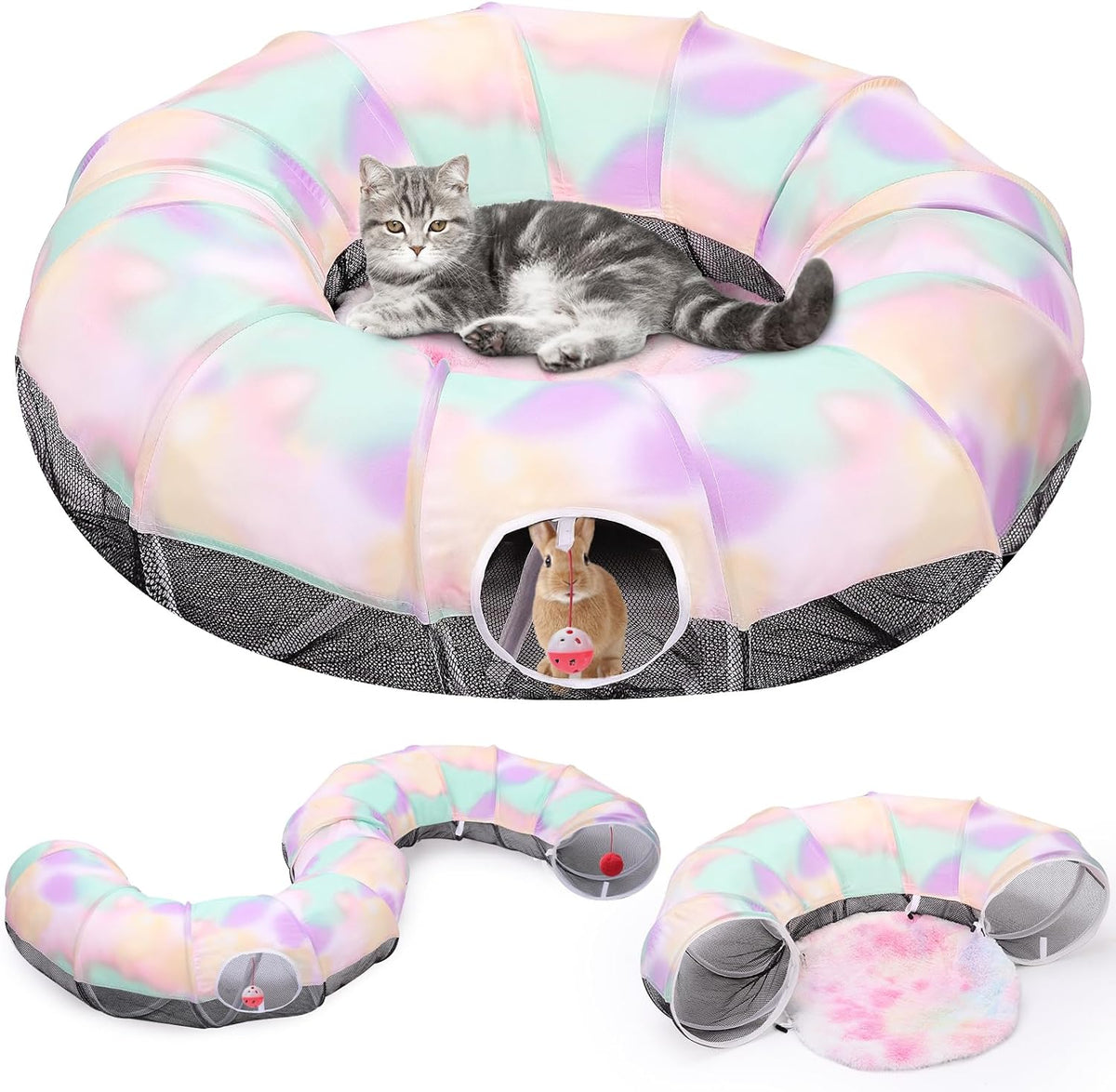 Cat Tunnel with Cat Bed for Indoor Cats, Cat Tube Collapsible Playground Toys, Interactive Cat Cave Hideout Foldable Indoor Toys for Small Medium Large Cat, Puppy, Rabbit, Ferret