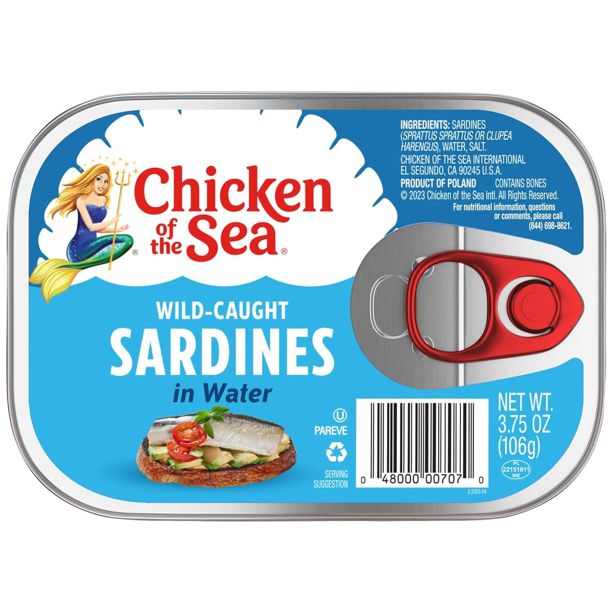 Chicken of the Sea Sardines in Water, Wild Caught, 3.75 oz. Can (Pack of 18)