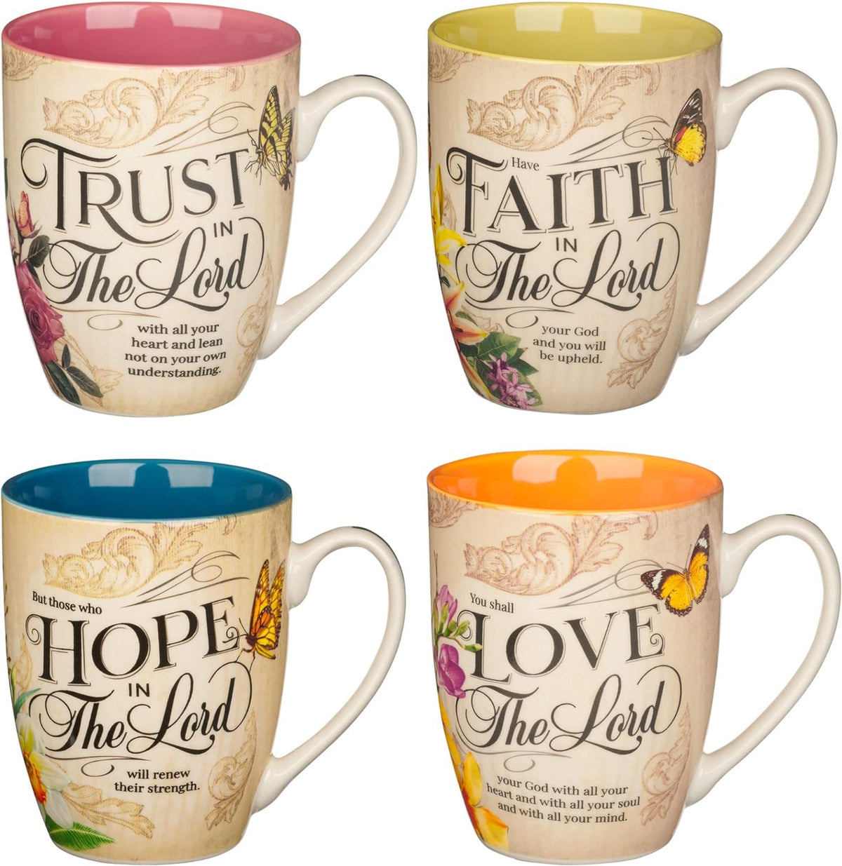 Christian Art Gifts Novelty Floral Ceramic Scripture Coffee & Tea Mug Set: Hope, Trust, Faith, Love