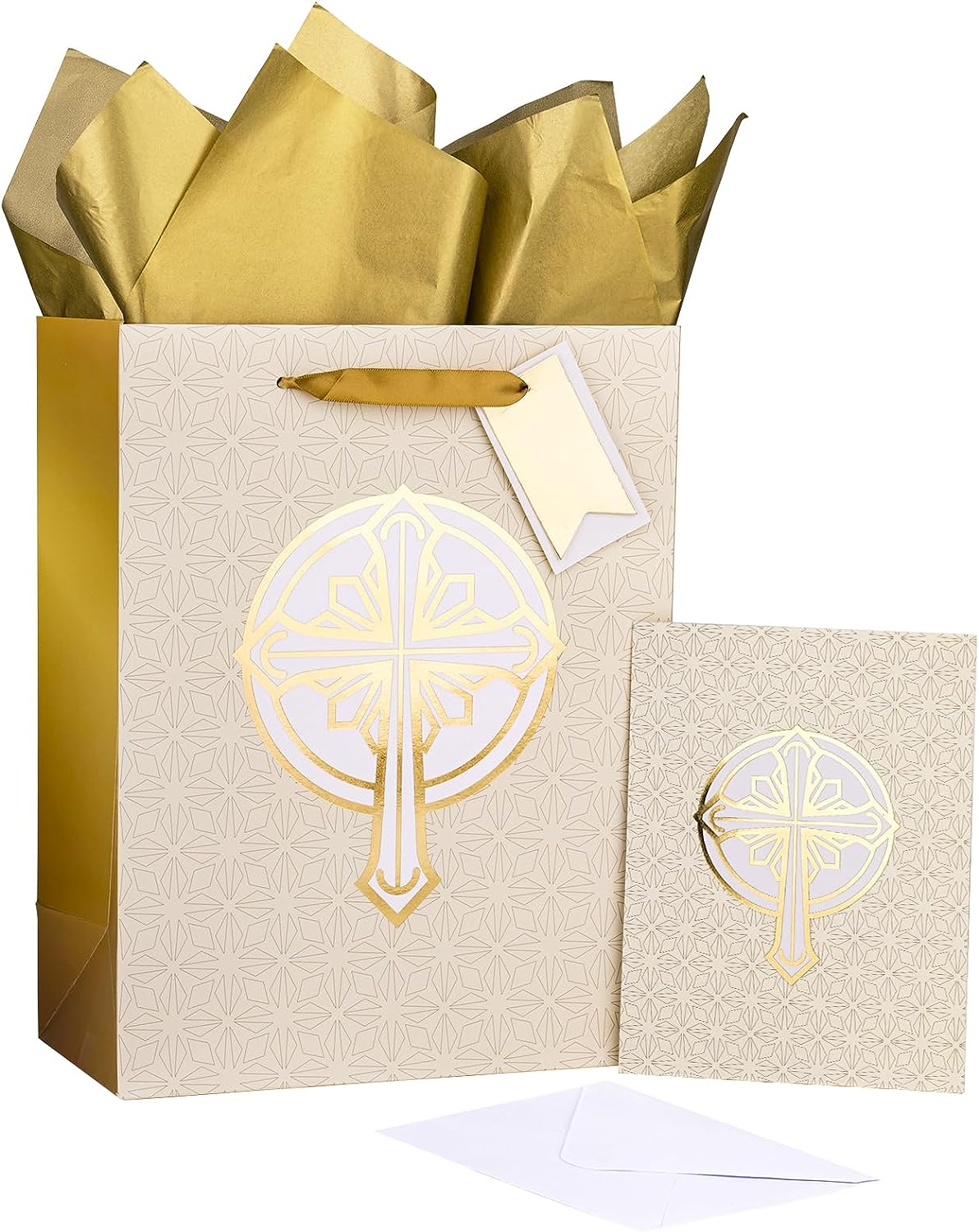 Christian Gift Bag with Tissue Paper, Gift Tag and Card for Christenings, Religious First Holy Communion, Confirmation, Weddings, Clergy Day
