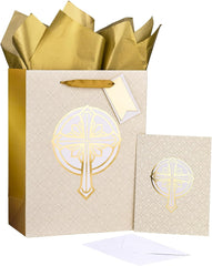 Christian Gift Bag with Tissue Paper, Gift Tag and Card for Christenings, Religious First Holy Communion, Confirmation, Weddings, Clergy Day