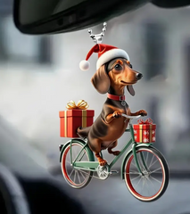 Christmas Dachshund Ornament - Retro Bicycle Dog Design, Acrylic Hanging Decoration, Festive Keyring Accessory, Gift Box Included, Car Pendant, Keychain, Holiday Decoration