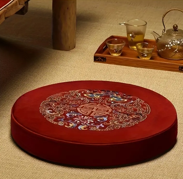 Classic Round Tatami Floor Cushion, Embroidered Multipurpose Meditation Pillow, Kneeling Prayer Mat