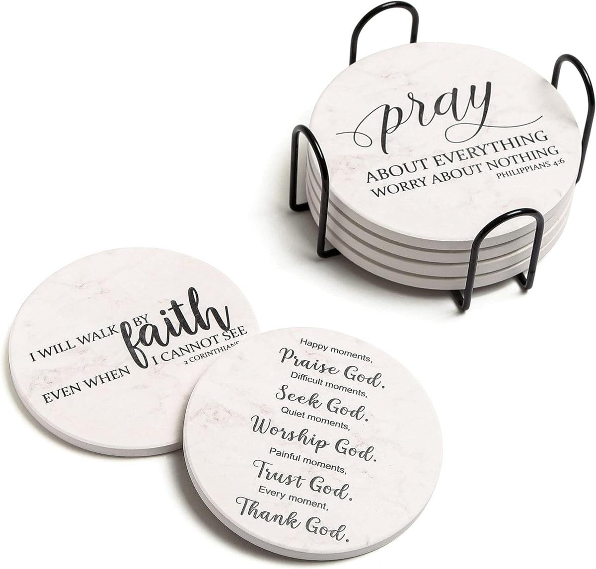 Coasters for Drinks with Bible Verses, Set of 6 Absorbent Drinks Coasters with Holder Ceramic Drink Coaster with Cork Backing for Table Protection, Christian Coasters, Christian Gifts