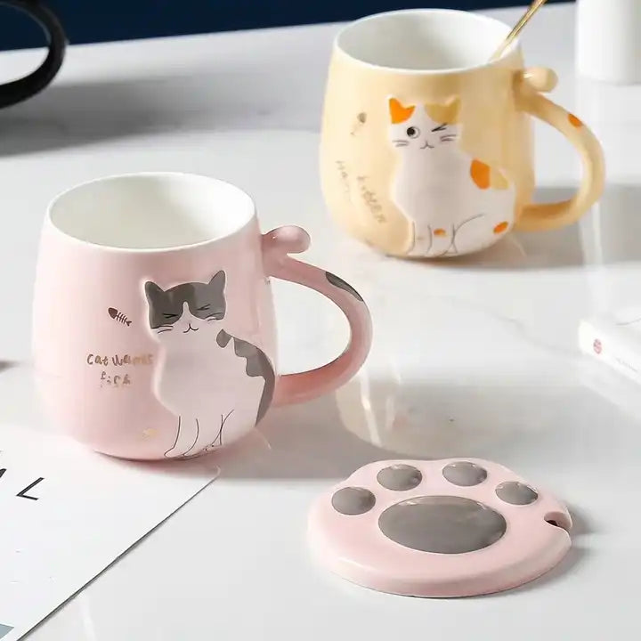 Coffee Cute Cat Mug Ceramic Cup with Lid for Cat Lovers