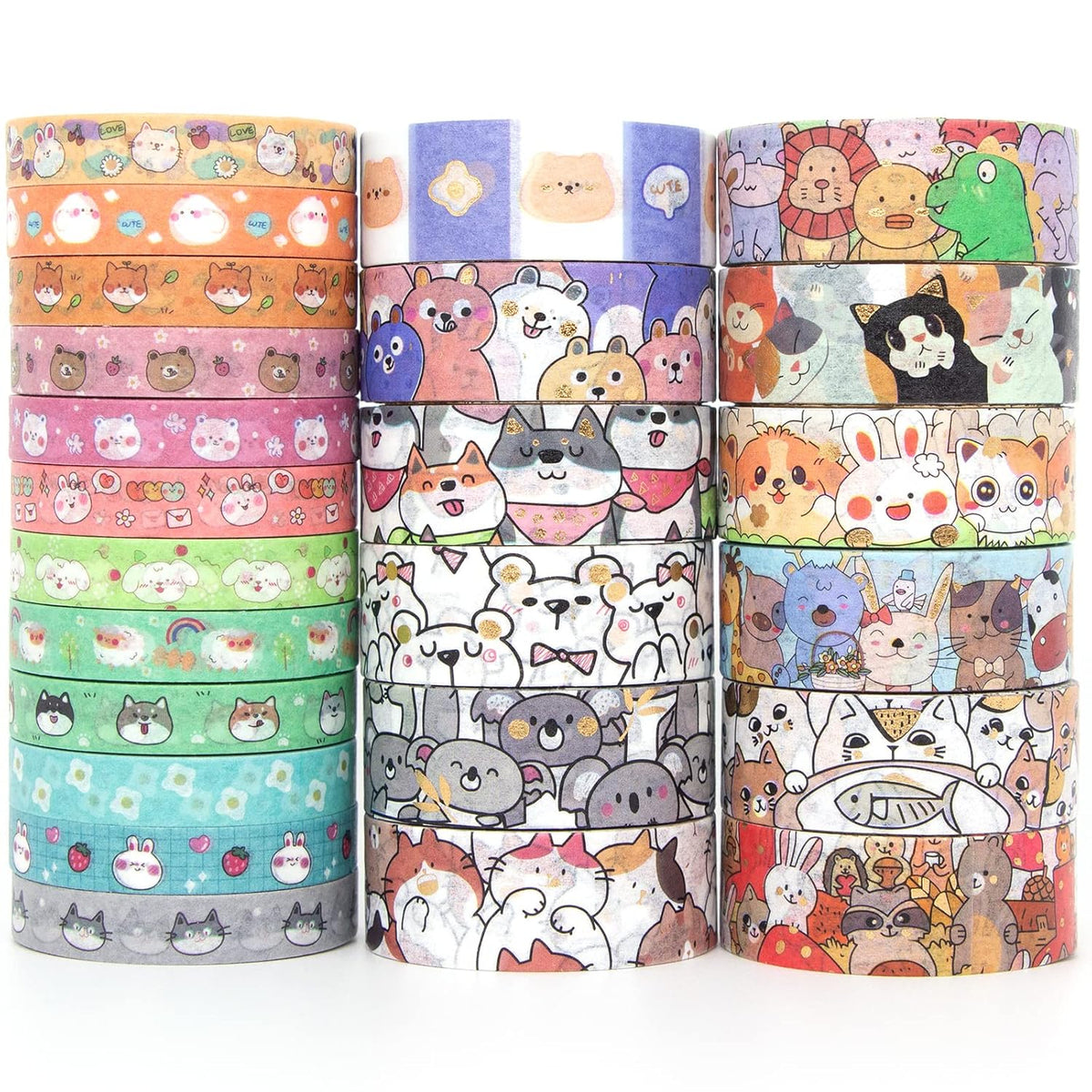 Cute Washi Tape Set - 24 Rolls Kawaii Animals Gold Foil Decorative Masking Tape for Journaling, Scrapbooking, Kids DIY Crafts, Aesthetic Supplies, Planners, Bullet Journal