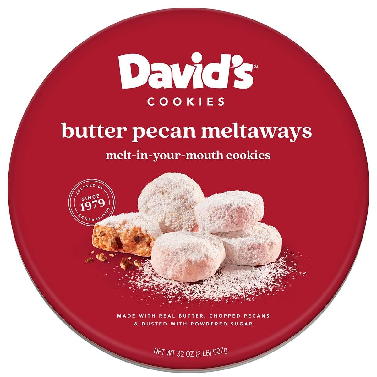 David’s Cookies Gourmet Butter Pecan Meltaway Cookies Gift Basket – 32oz Butter Cookies with Crunchy Pecans and Powdered Sugar