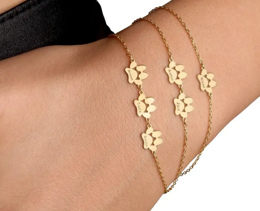 Dog Cat Paw Print Name Bracelet Custom Stainless Steel Chain