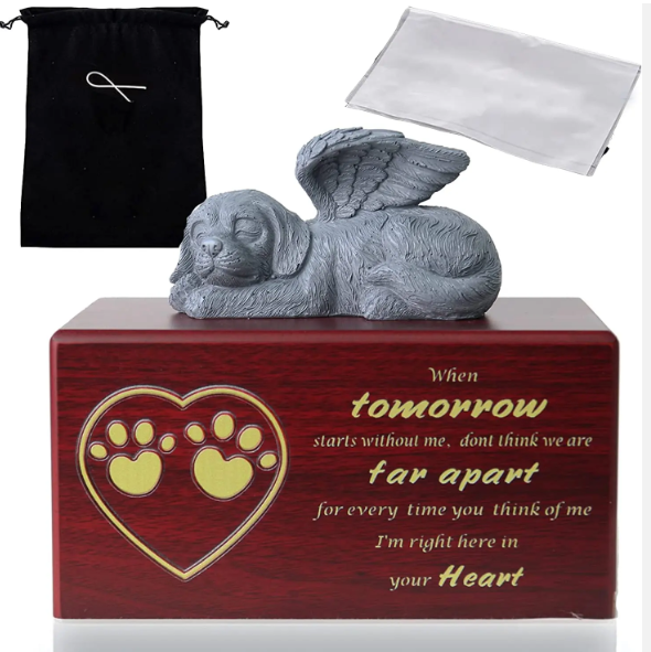 Red Wooden Cremation Urn for Pet Ashes with Dog Angel and Ash Bag